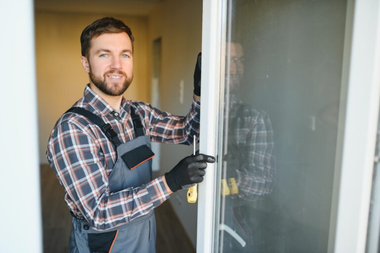Worker installing plastic window indoors